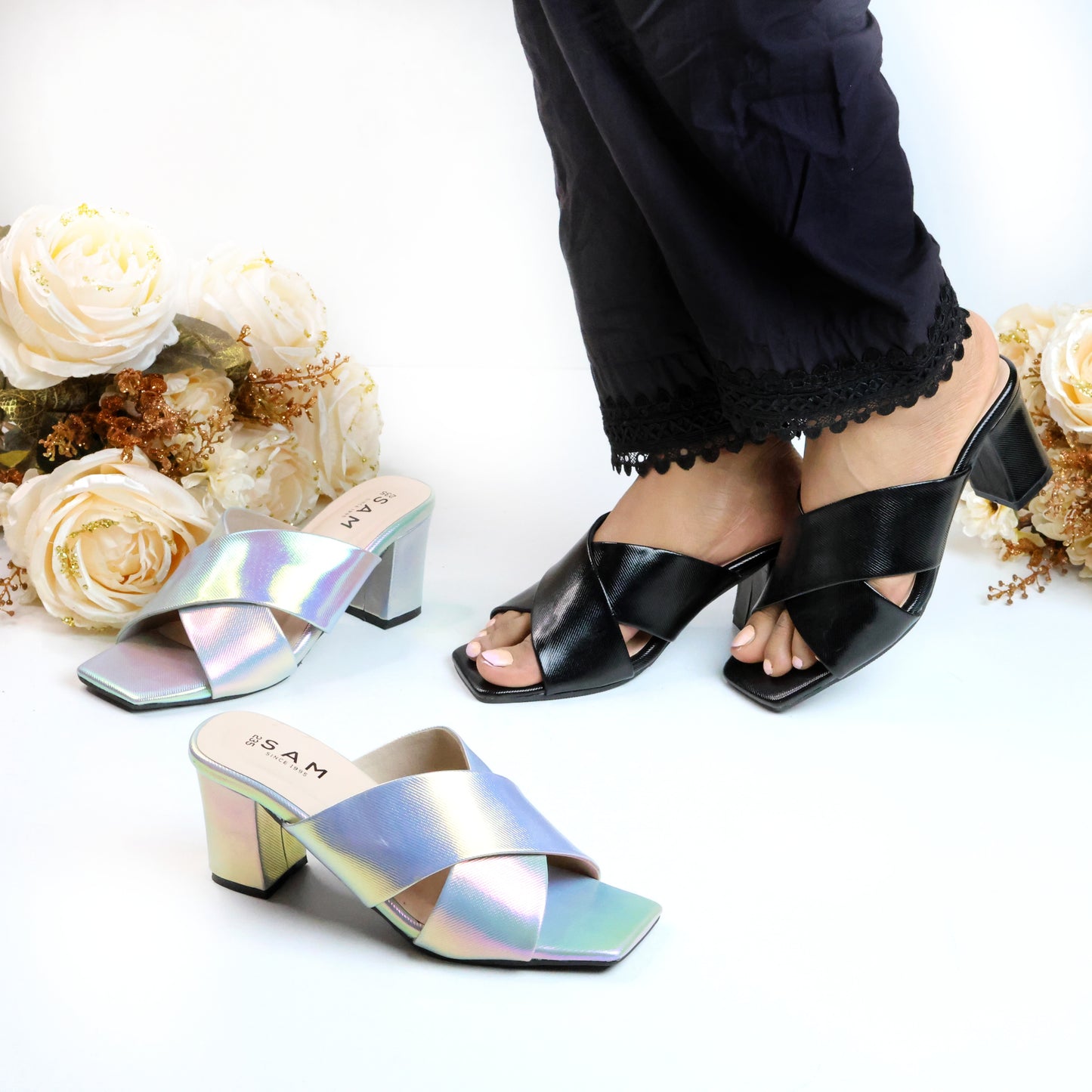 Holographic Criss Cross 2.7 Inch Heel