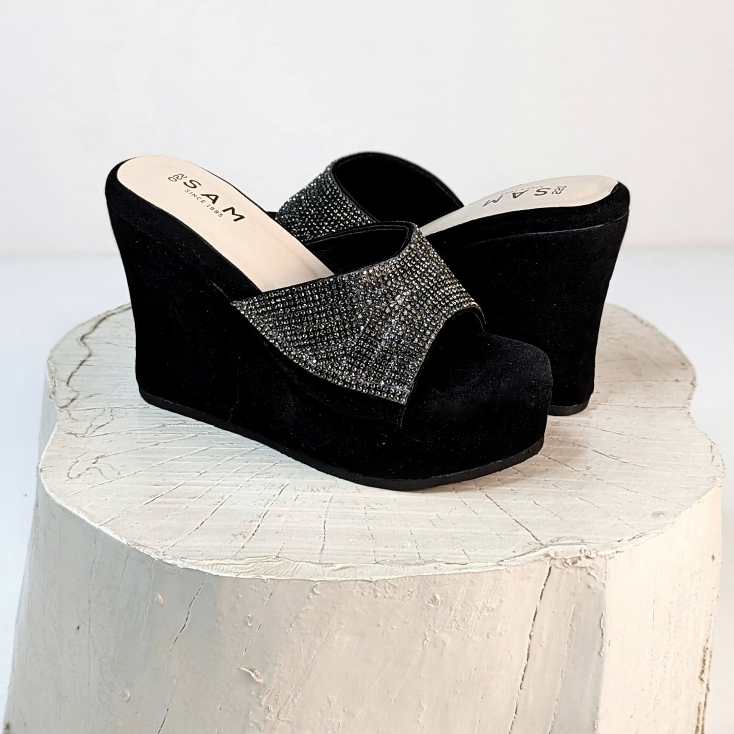 Round Square Stone Strap 4.5 Inch Wedge Heel